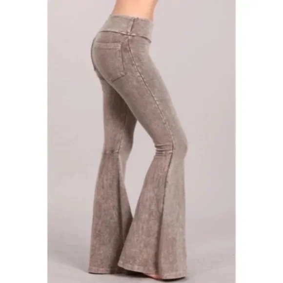 Pants - Desert Taupe Mineral Wash French Terry Flared Bell Bottom Pull On Pants Pockets